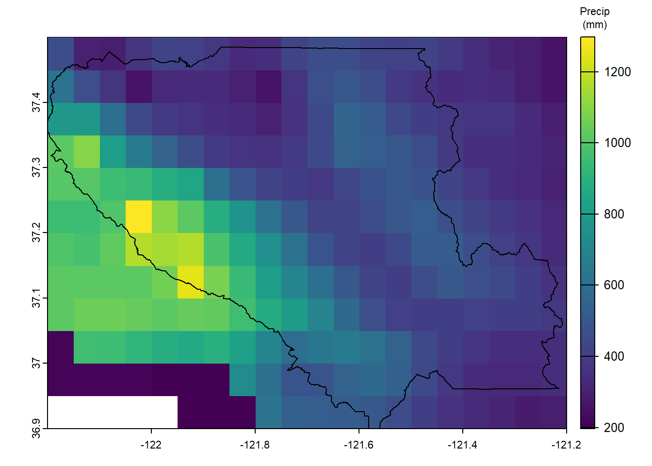 Annual Average Precipitation over Santa Clara County, mm